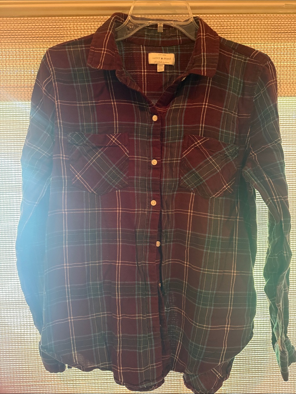 Lucky Brand women’s Burgundy and Green Plaid Button-Down Shirt
